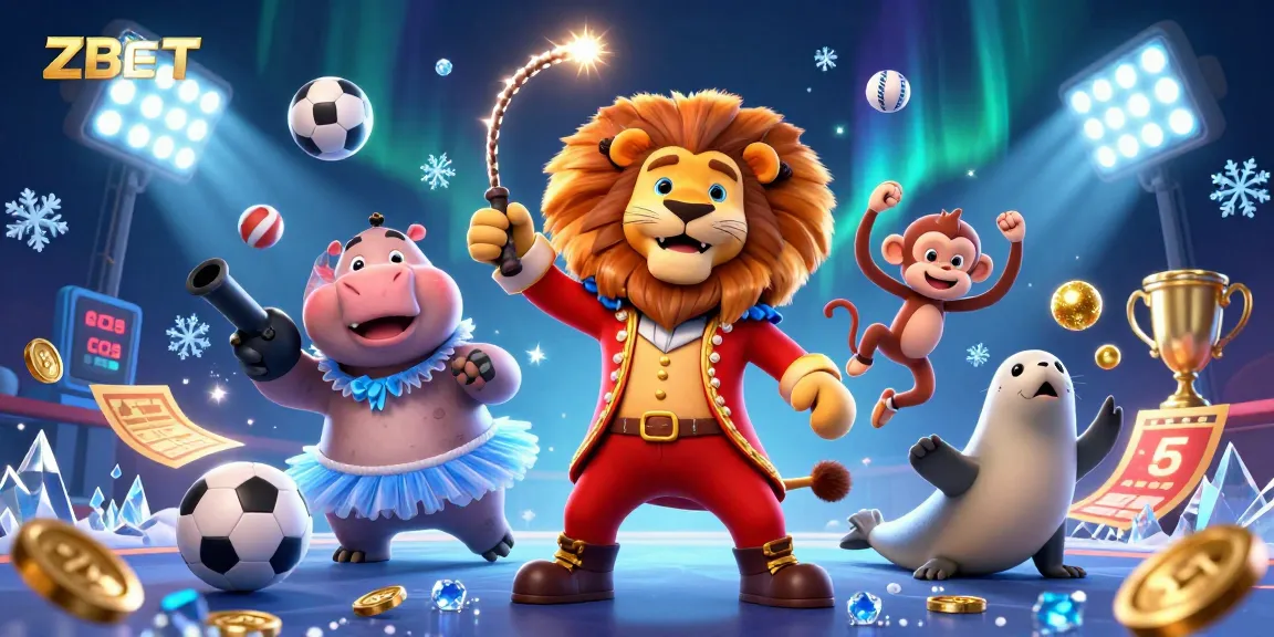 ZBET players betting on casino games with vibrant circus characters and sports elements in action