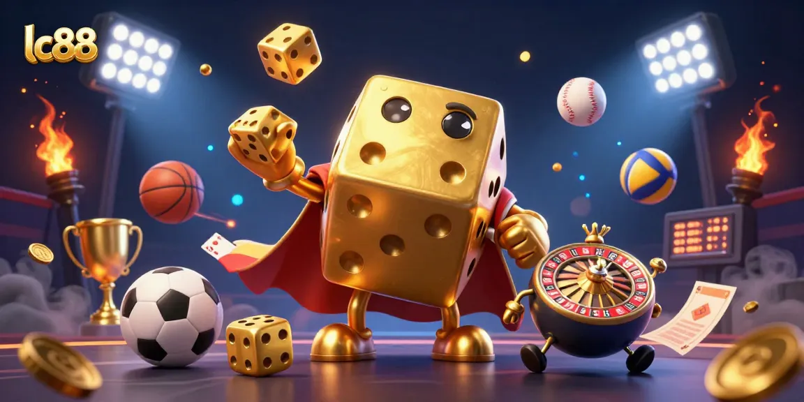 Engage in exciting gaming at lc88 with a dynamic illustration of a dice golem and sports elements.