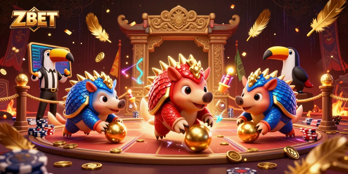 ZBET offers a thrilling betting experience with rival pangolins competing in a colorful casino scene.