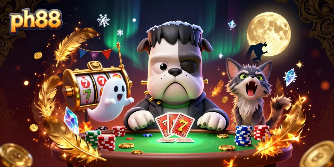 Experience the thrill of ph88 with a playful 3D cartoon scene featuring a bulldog dealer and whimsical characters.