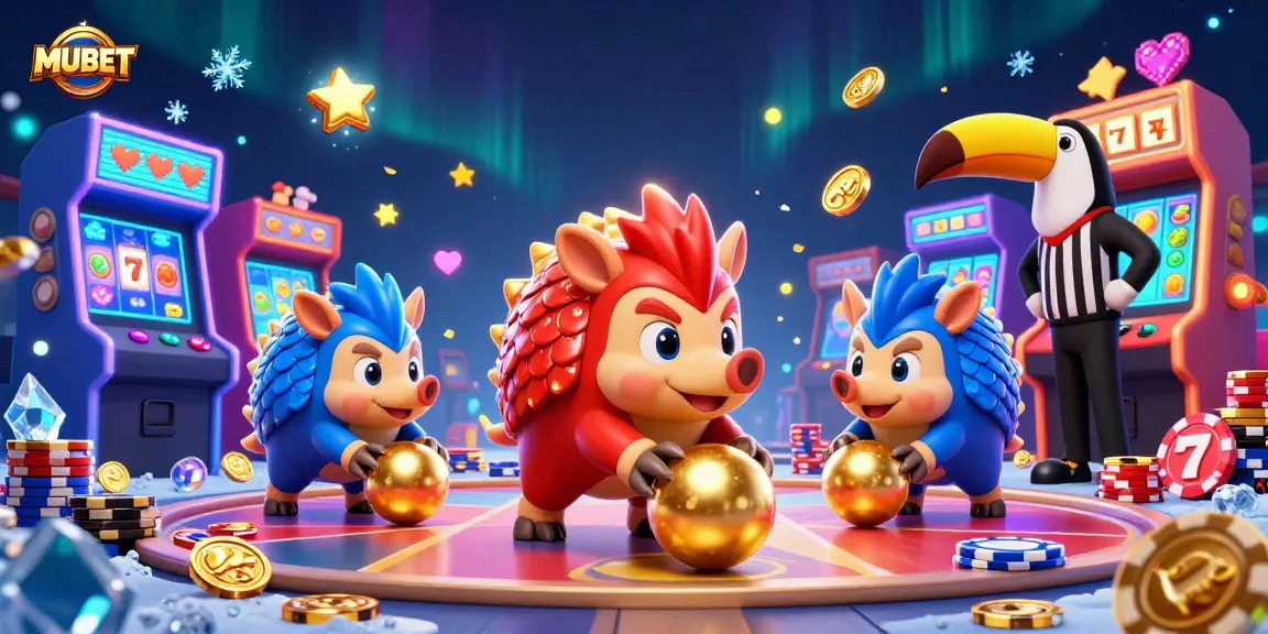 MUBET pangolins competing in a dynamic casino scene with poker chips, glowing arcade games, and festive confetti.