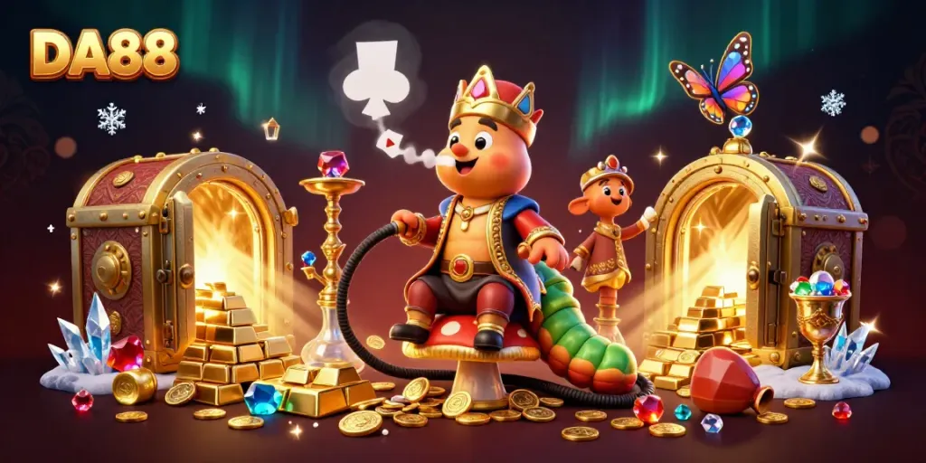 Engage in thrilling DA88 gameplay with a vibrant 3D casino scene showcasing golden treasures and poker hand symbols.