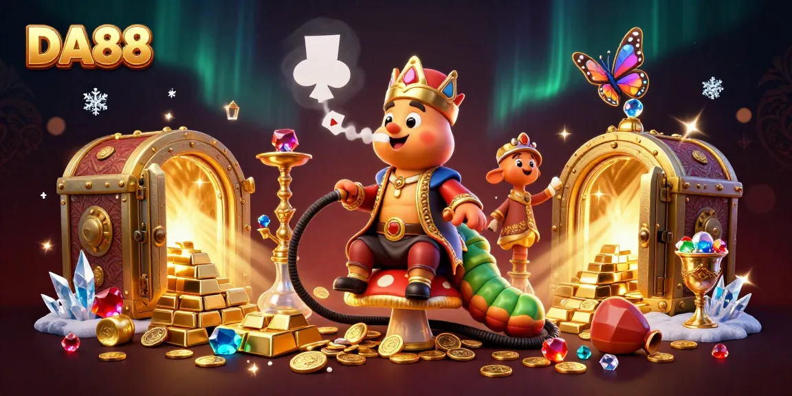 Engage in thrilling DA88 gameplay with a vibrant 3D casino scene showcasing golden treasures and poker hand symbols.