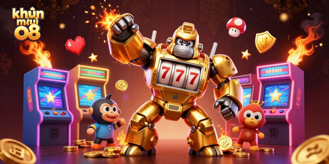 Explore khuyến mãi o8 in a vibrant casino scene featuring a golden gorilla mech and arcade games.