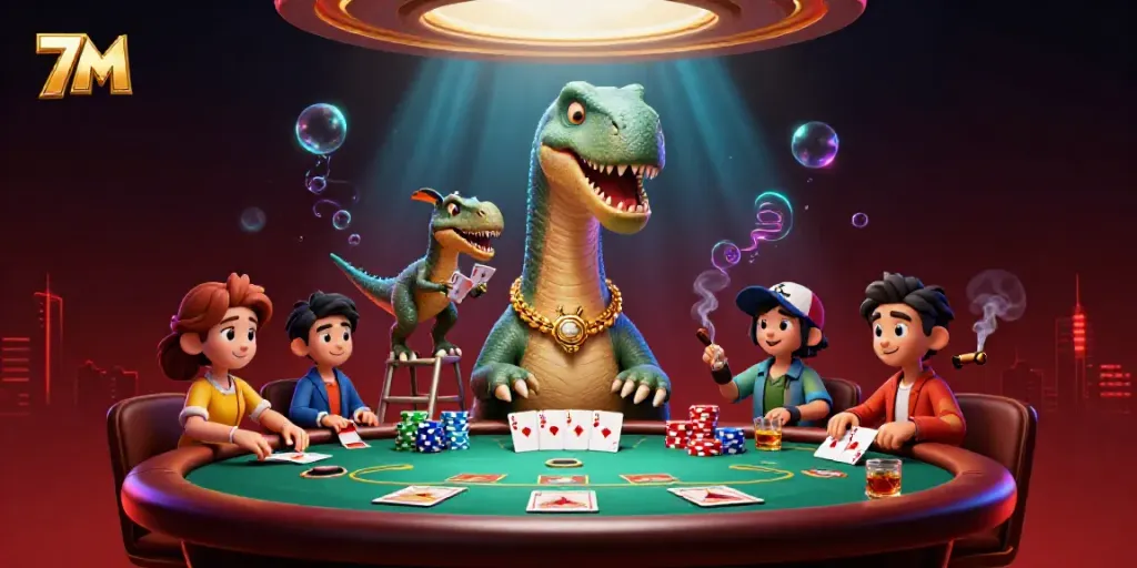 Experience thrilling poker action with a colossal 7M brontosaurus overseeing a dynamic game scene.