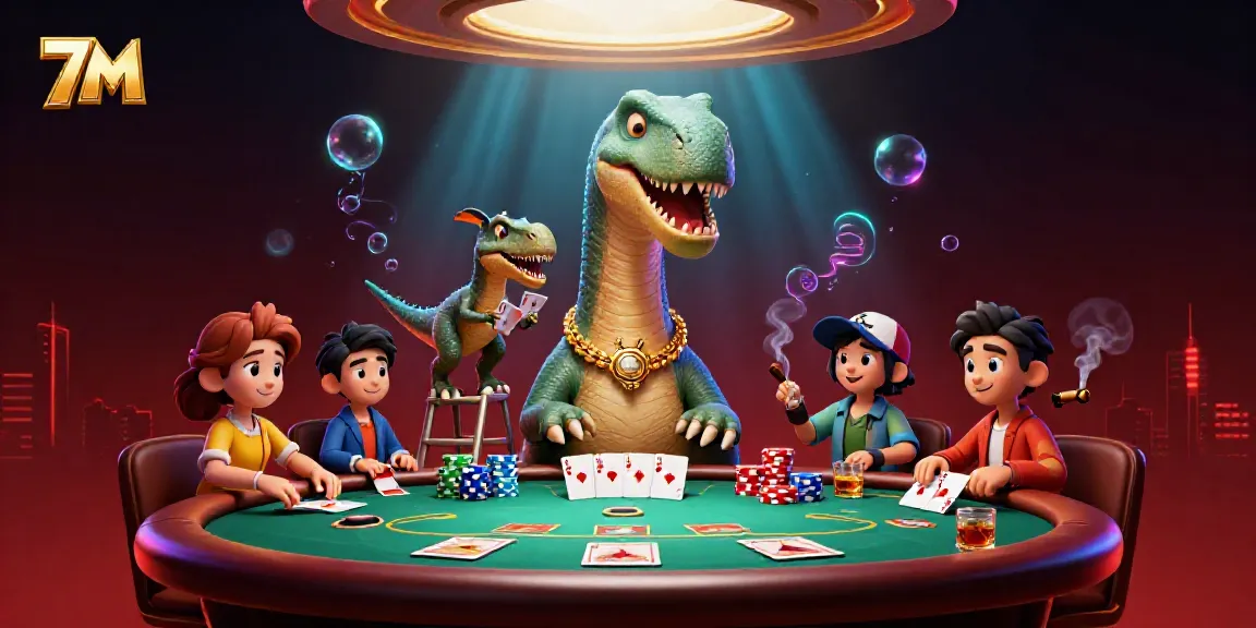 Experience thrilling poker action with a colossal 7M brontosaurus overseeing a dynamic game scene.