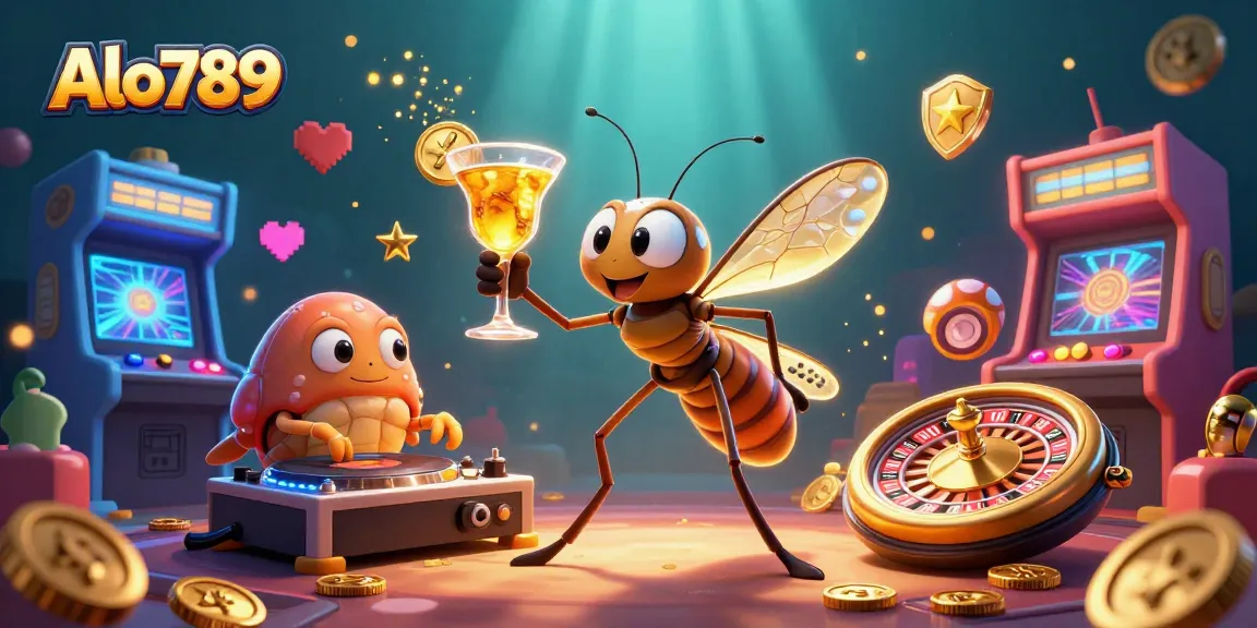 Alo789 engaging in a lively casino atmosphere with a frozen-in-amber mosquito mascot, trilobite DJ, and golden elements representing online gambling.