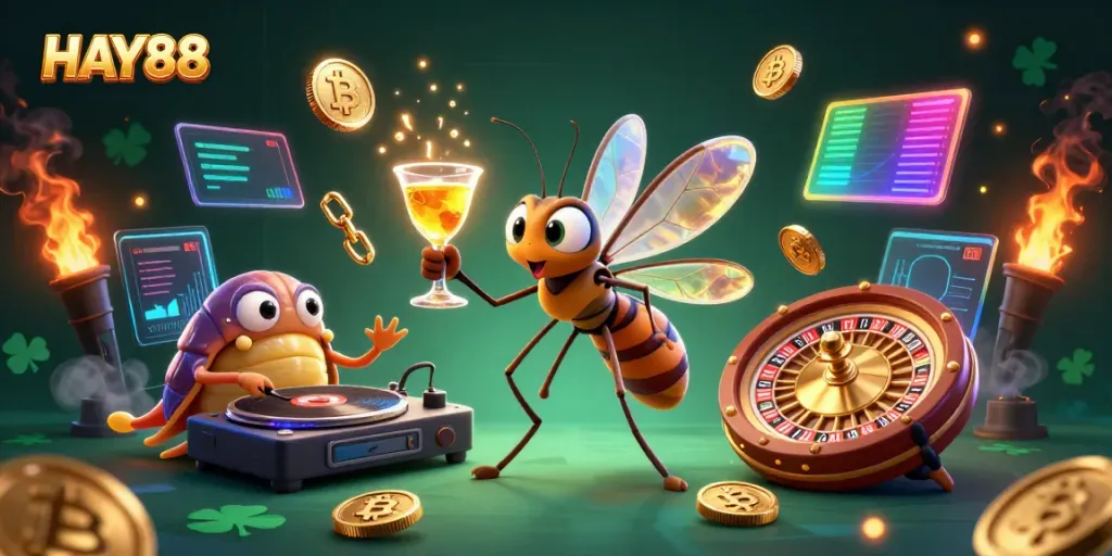 Engage with HAY88's vibrant casino universe featuring a lively mosquito mascot, trilobite DJ, and golden roulette wheel.