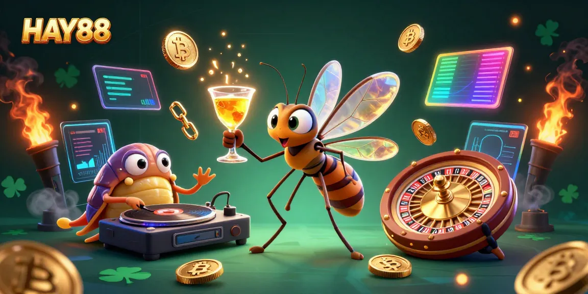 Engage with HAY88's vibrant casino universe featuring a lively mosquito mascot, trilobite DJ, and golden roulette wheel.