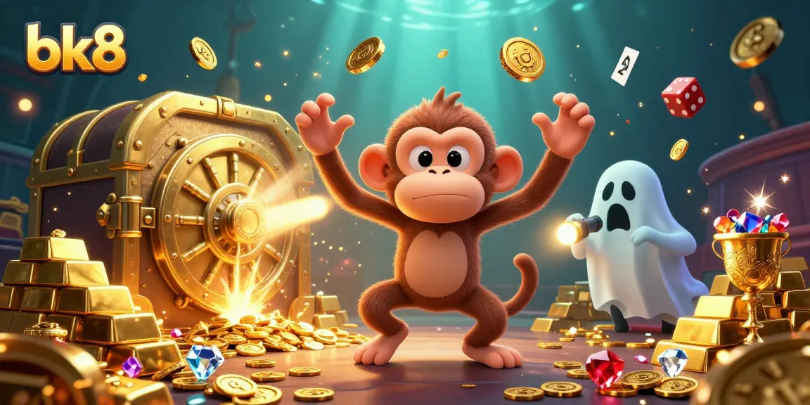 Engage with bk8's thrilling casino atmosphere featuring a mischievous poltergeist monkey juggling golden treasures.