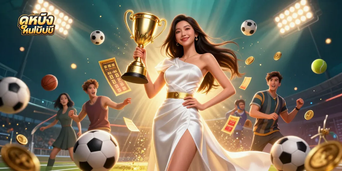 Experience ดูหนังออนไลน์ free with vibrant sports elements and a victorious Asian woman in a luxurious gown.
