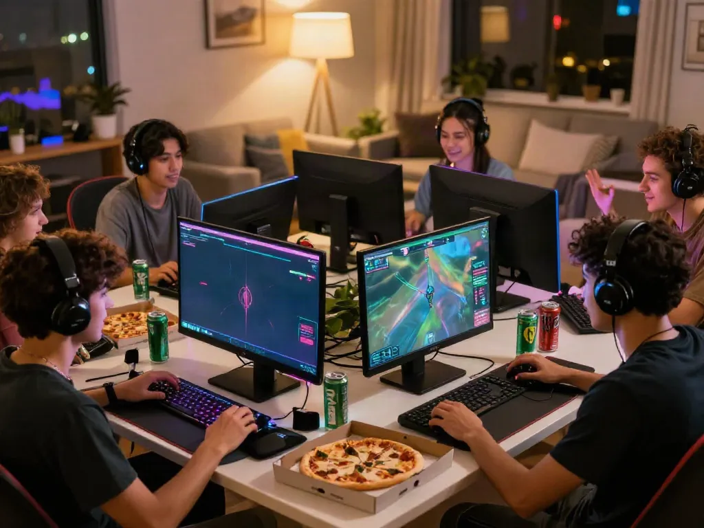 Exciting 9bet gaming session with friends in a lively home setting.