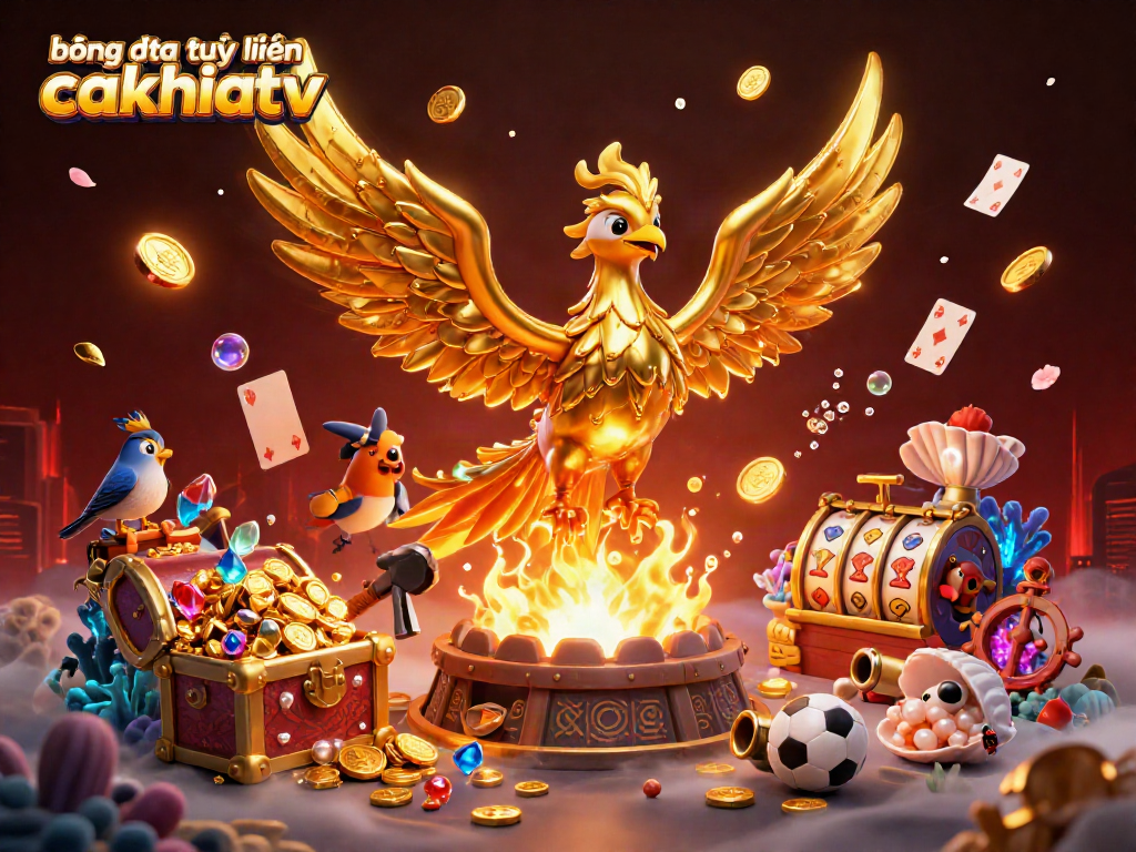 Bóng đá trực tuyến cakhiatv illustration with golden phoenix and gambling elements.