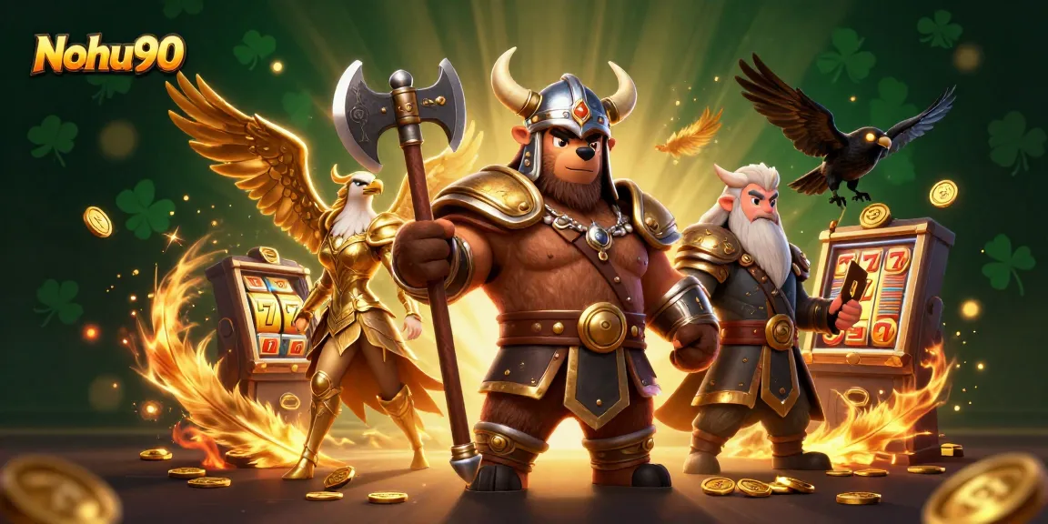 Experience the excitement of Nohu90 with the Viking berserker and Valkyrie in a vibrant casino scene.