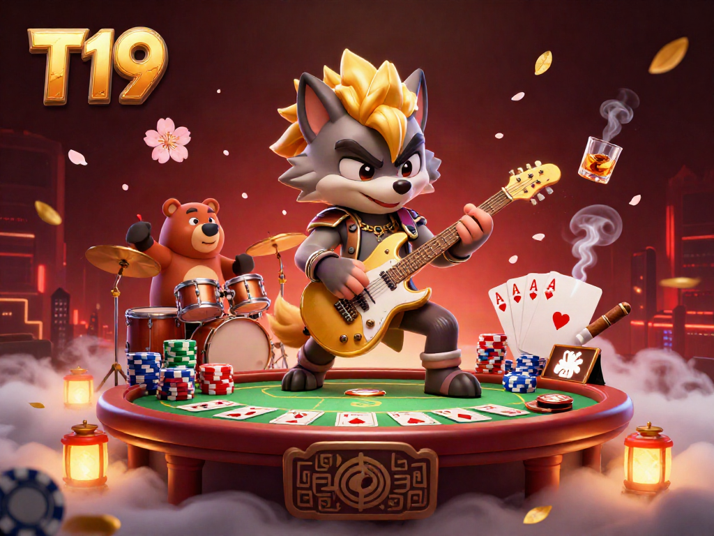 Experience thrilling T19 gaming with vibrant characters and poker action set on a dynamic casino stage.