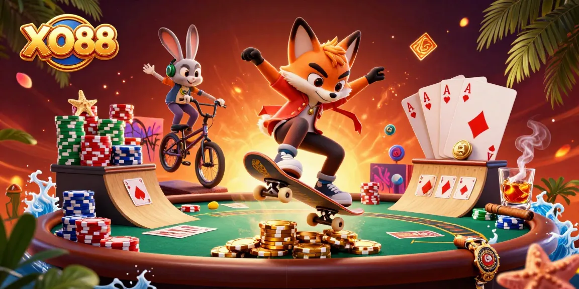 Experience the excitement of XO88 with a dynamic casino scene featuring thrilling characters and vibrant graphics.