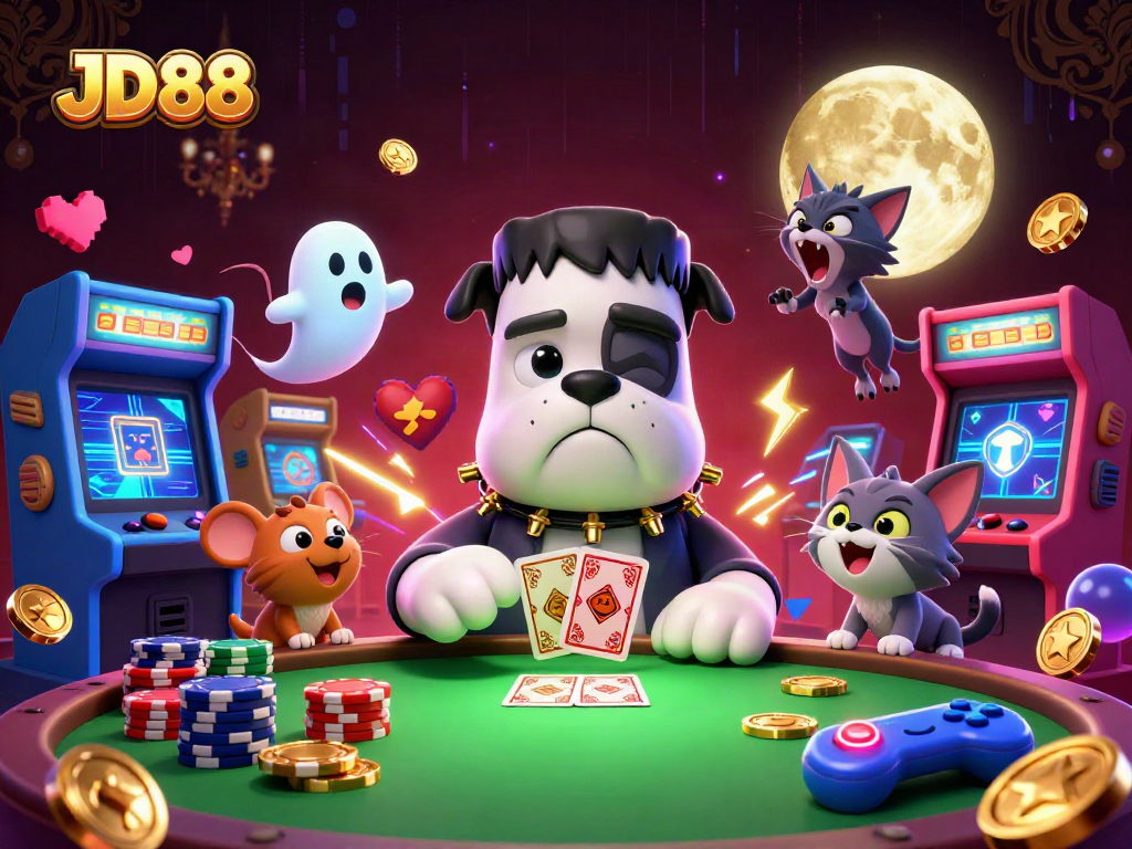 Engage with JD88 at a thrilling casino scene with colorful characters and games.