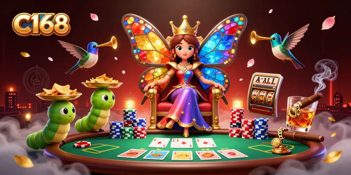 Play exciting games at C168 casino featuring colorful characters and vibrant poker elements.