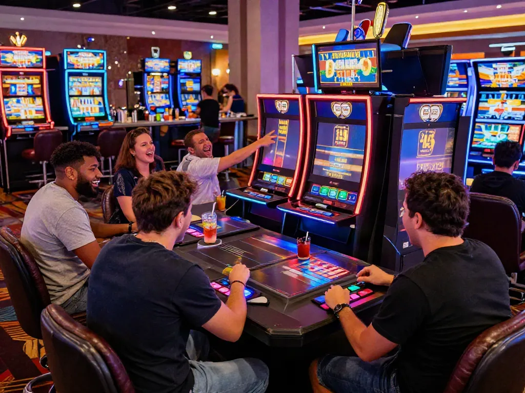 Excited group playing slots that accept credit cards in a vibrant casino setting with illuminated machines.