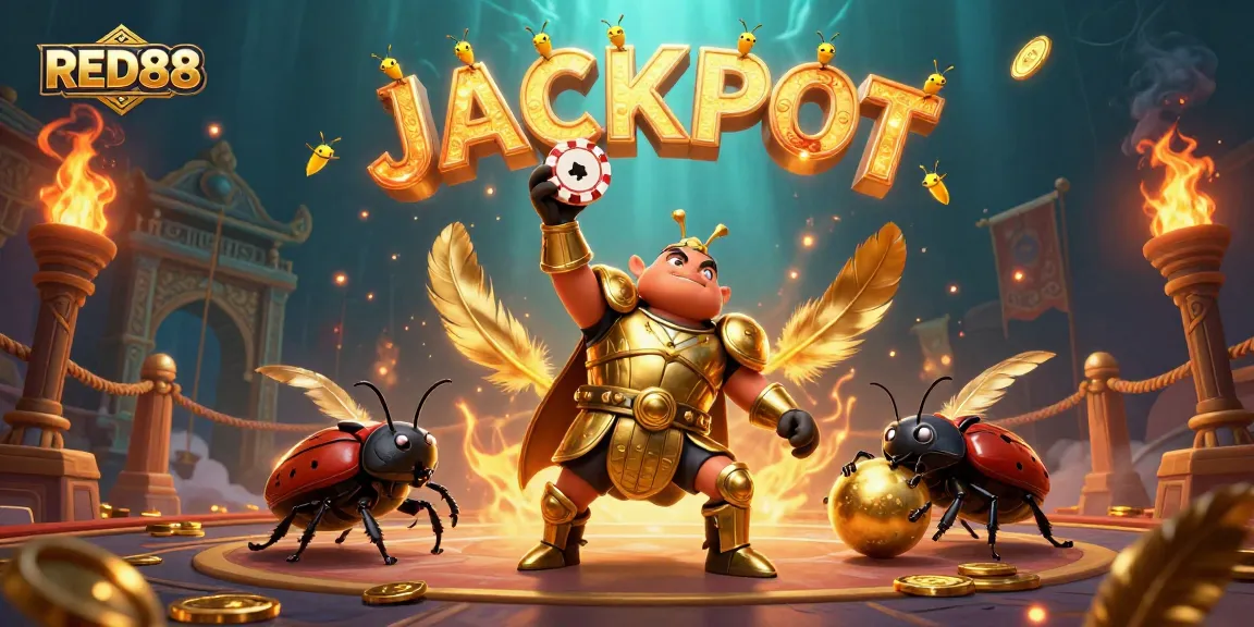 Engage with RED88 in an exciting casino atmosphere featuring vibrant characters and gold elements.