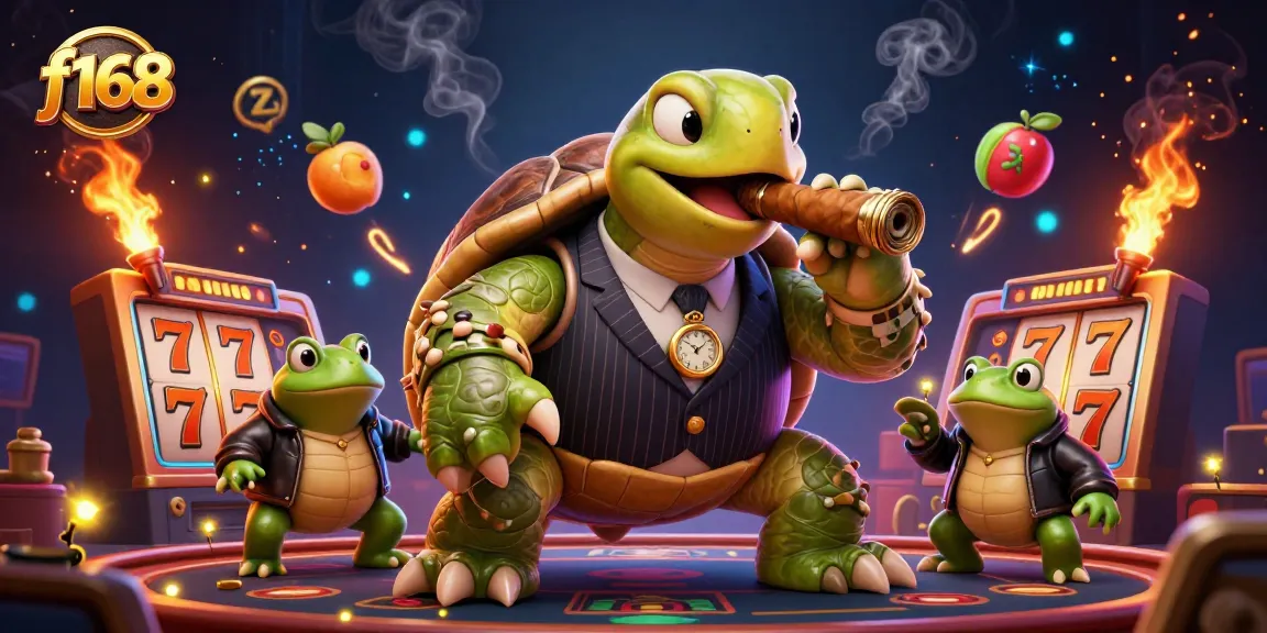 Experience thrilling games at f168, featuring a delightful casino scene with vivid cartoon characters.