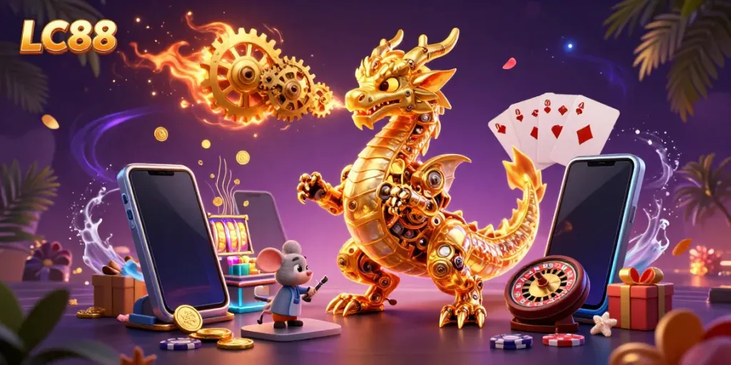 Experience dynamic gaming at LC88 with an engaging casino illustration showcasing lively game elements.