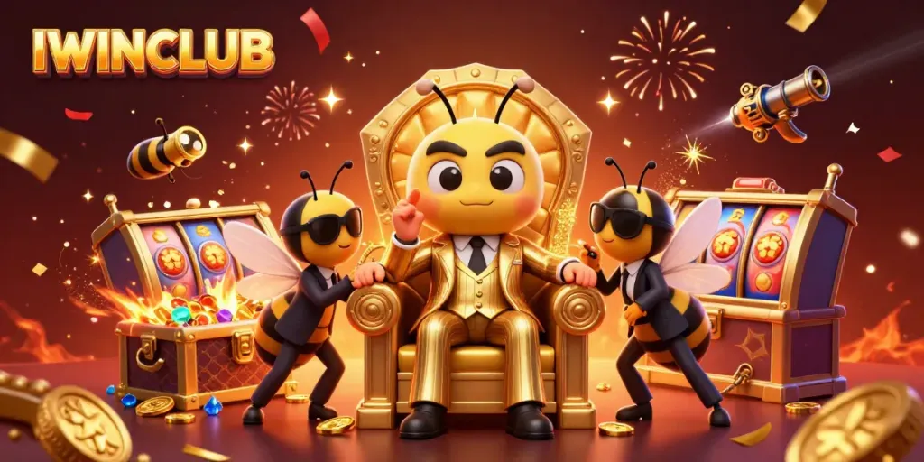 Experience the thrilling world of IWINCLUB with vibrant illustrations of casino games and characters.