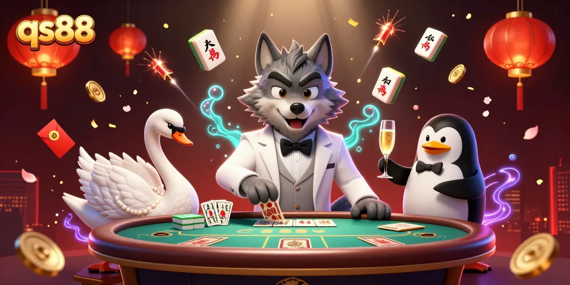 Engage with qs88 as cartoon characters play baccarat amidst festive casino elements and glowing decorations.