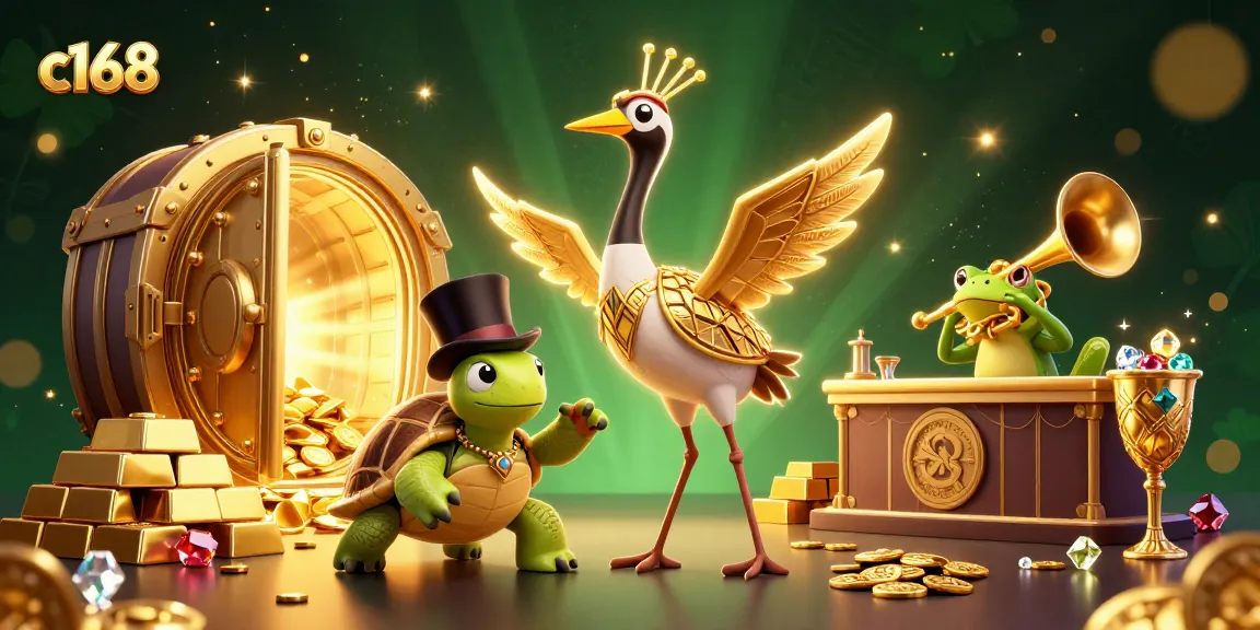 Spin to win at c168's vibrant gaming scene filled with golden treasures and lively characters.