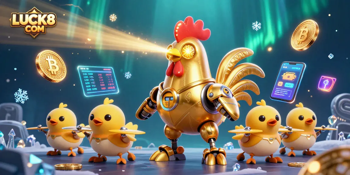 Engage with thrilling gaming experiences at LUCK8 COM featuring golden rooster robot and crypto elements.