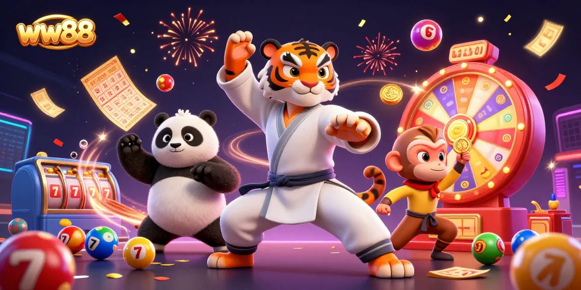 Experience thrilling action at ww88 with a vibrant 3D casino scene illustrating a kung fu tiger master, panda disciple, and monkey student in a dynamic, celebratory atmosphere.
