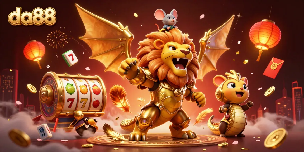 Engage with da88 gaming fun featuring a chimera, slot reels, and vibrant casino elements.