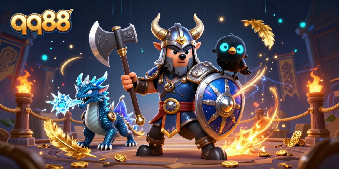 Experience the thrill of qq88 in a vibrant 3D scene with a Viking wolf warrior and a fierce dragon.