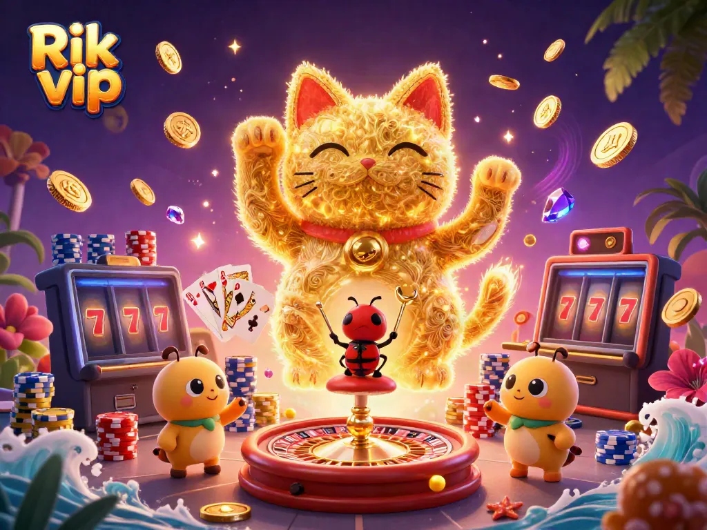 Engage with the magic of Rik vip casino, featuring a lucky cat and vibrant game elements.
