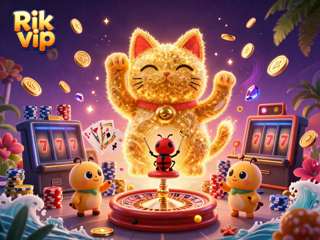 Engage with the magic of Rik vip casino, featuring a lucky cat and vibrant game elements.