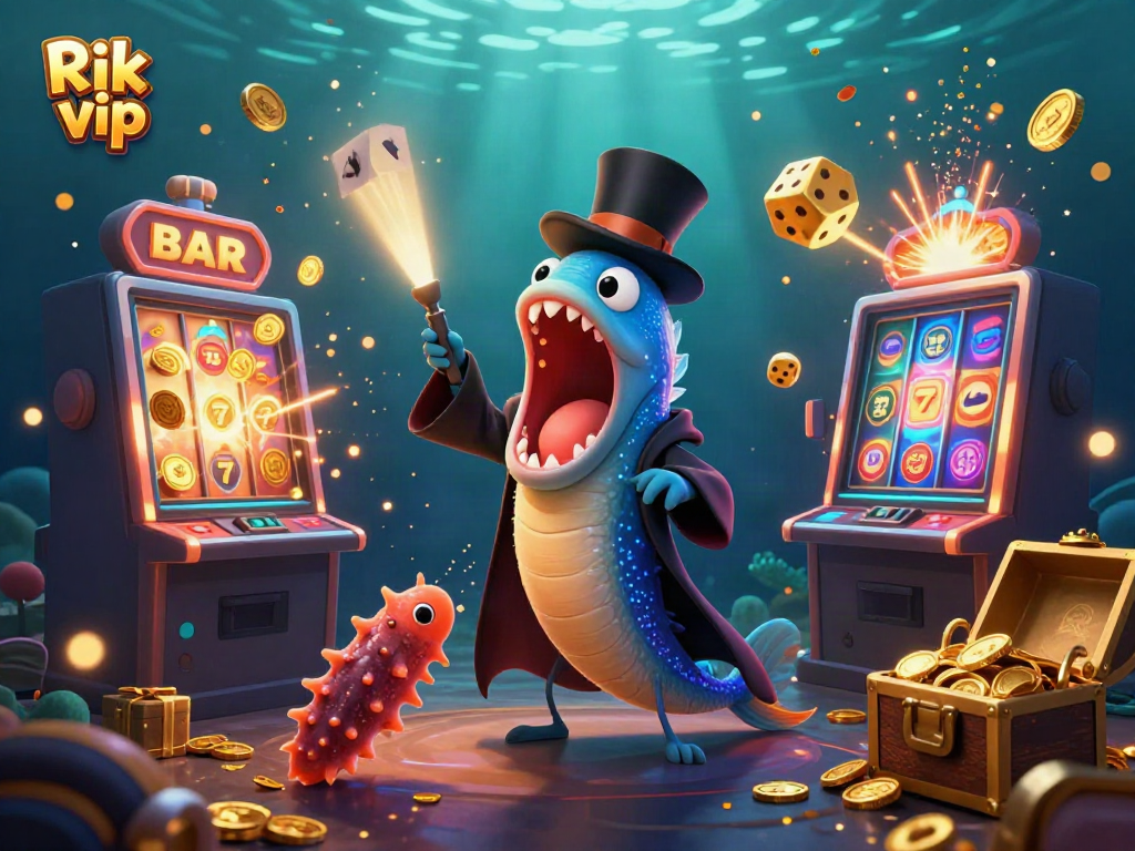 Experience the excitement of Rik vip as a deep-sea eel performs card tricks surrounded by bursting jackpot elements.