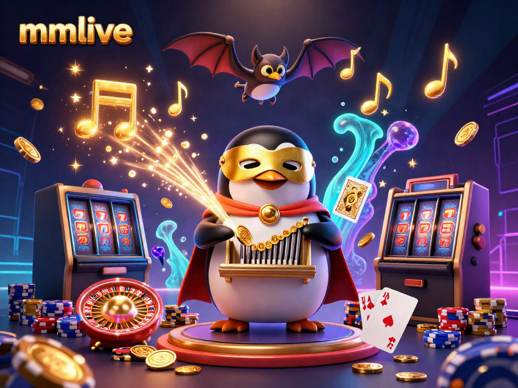 Join the excitement of mmlive with a lively 3D illustration of a penguin and casino elements.