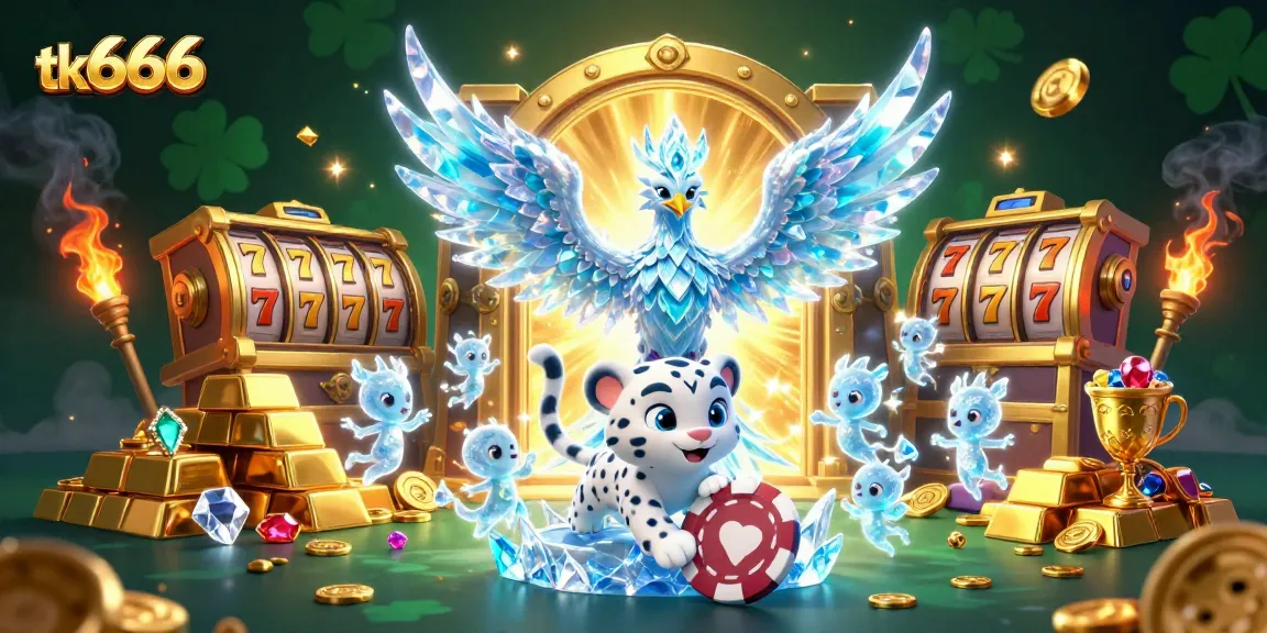 Win big with tk666 in a vibrant, colorful 3D casino scene featuring an ice phoenix and treasure.