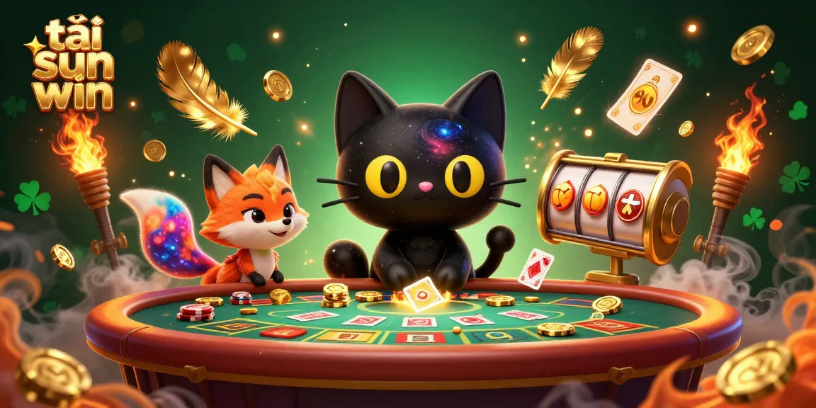 Engage with the exciting world of tải sun win, featuring a cosmic cat and fox at a vibrant casino table.