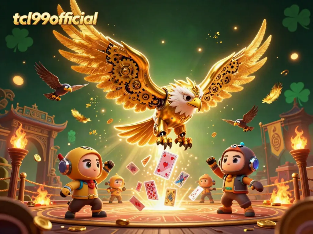 Tcl99official casino gaming scene featuring a cybernetic eagle and holographic cards, showcasing dynamic action.
