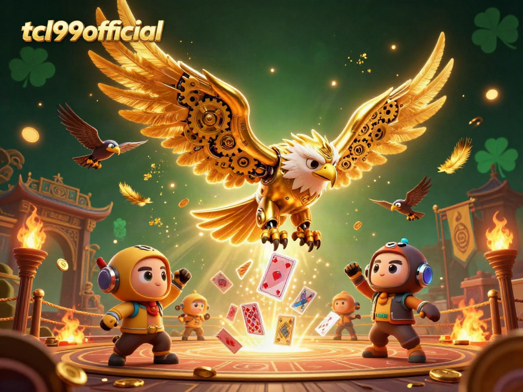 Tcl99official casino gaming scene featuring a cybernetic eagle and holographic cards, showcasing dynamic action.