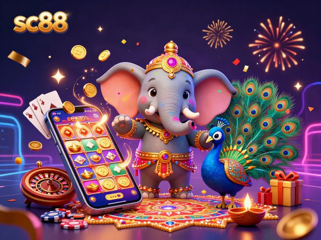 Win exciting jackpots with the vibrant sc88-themed Diwali illustration featuring a casino atmosphere.