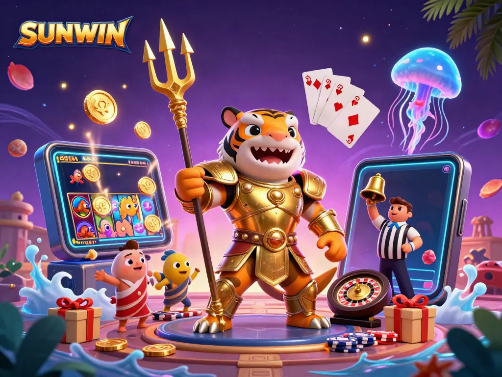 SUNWIN offers an exciting underwater casino scene with a golden gladiator shark amidst slot games.