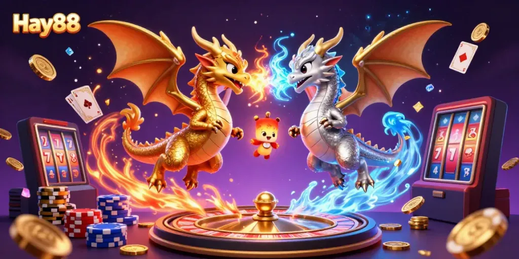 Experience thrilling gaming with Hay88 featuring golden and silver dragons amidst coins, cards, and casino elements.