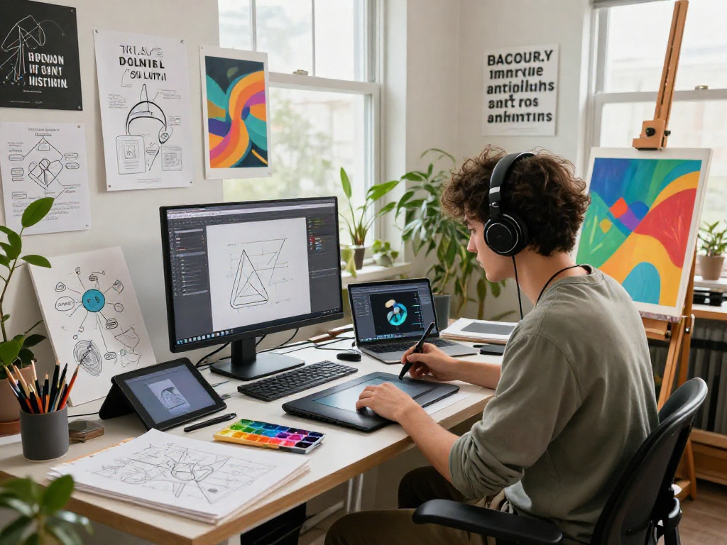 Artist designing innovative nsfw ai applications in a vibrant creative studio filled with colorful materials and natural light.