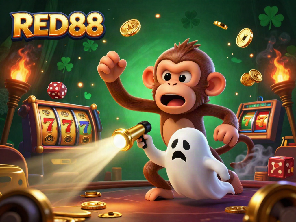 Experience the thrill of RED88 with a mischievous monkey juggling in a haunted casino scene.