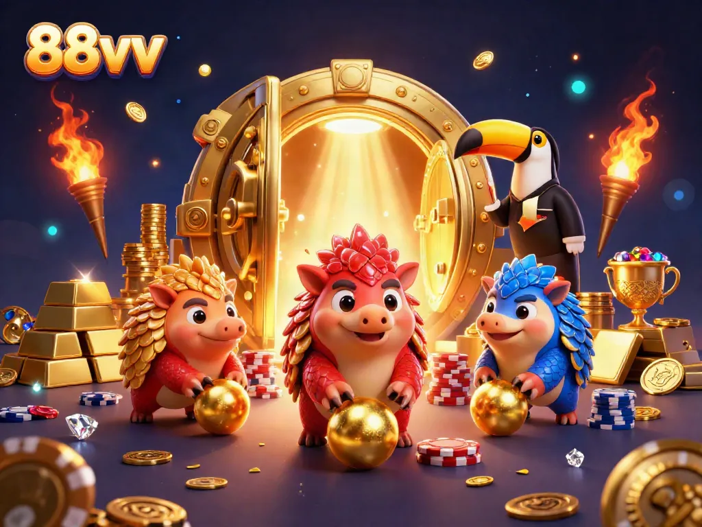 Experience thrilling action with 88vv, as rival pangolins bowl through poker chips in this vibrant digital casino scene.