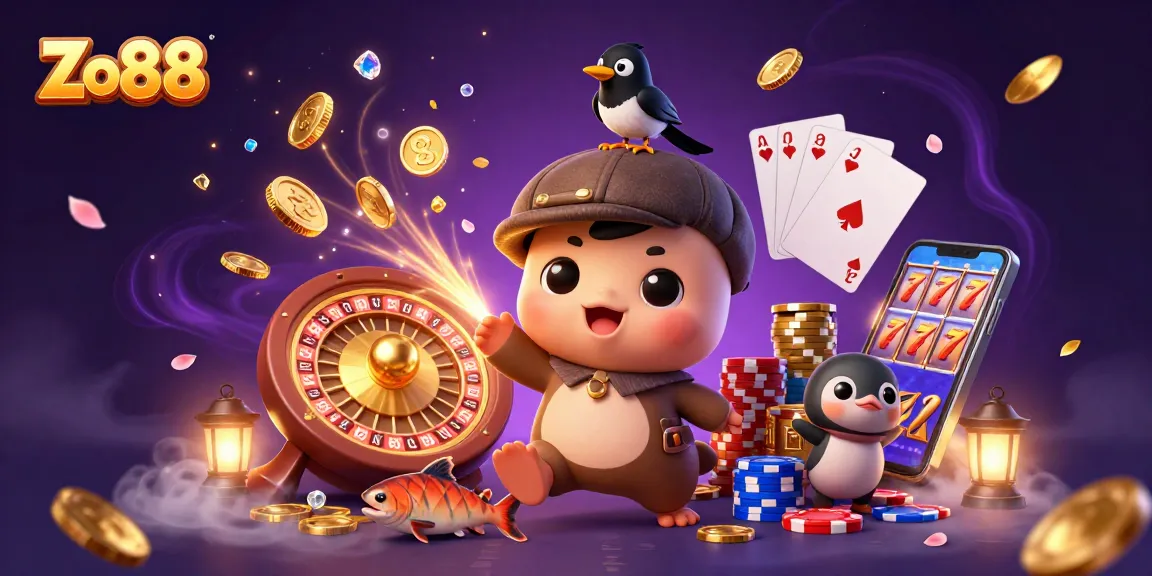 Engage with Zo88 as the cartoon Nessie entertains amid cascading casino elements, bringing excitement to online gaming.