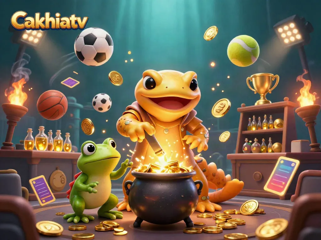 Cakhiatv showcases a 3D golden salamander alchemist transforming metals into gold, enriched with dynamic sports elements.