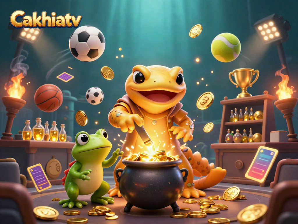 Cakhiatv showcases a 3D golden salamander alchemist transforming metals into gold, enriched with dynamic sports elements.